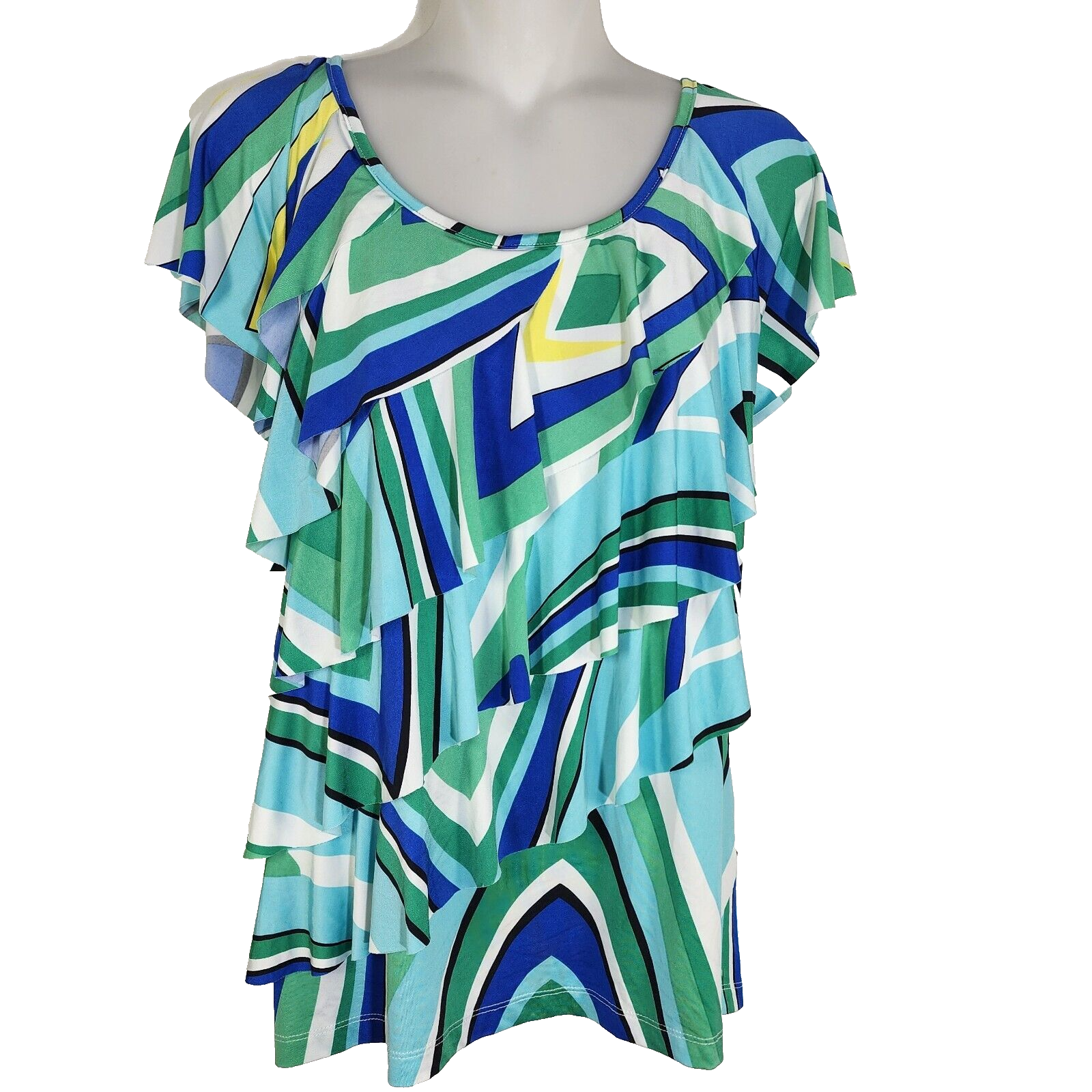 Agb Womens Top Blouse Size Large Tiered Layered Short Flutter Sleeve Abstract